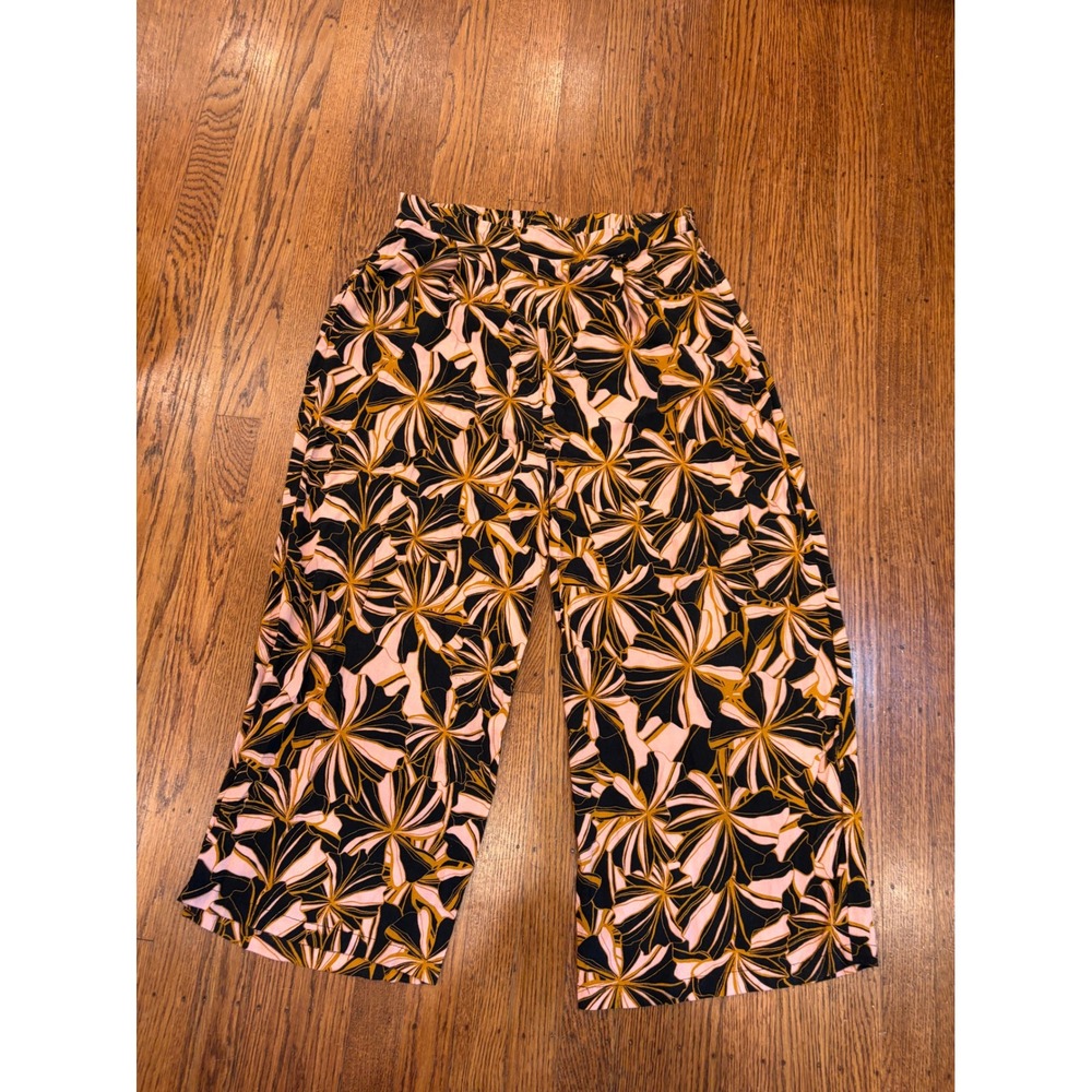 MINKPINK Tropical Floral Wide Leg Cropped Pants Black Pink Mustard M
